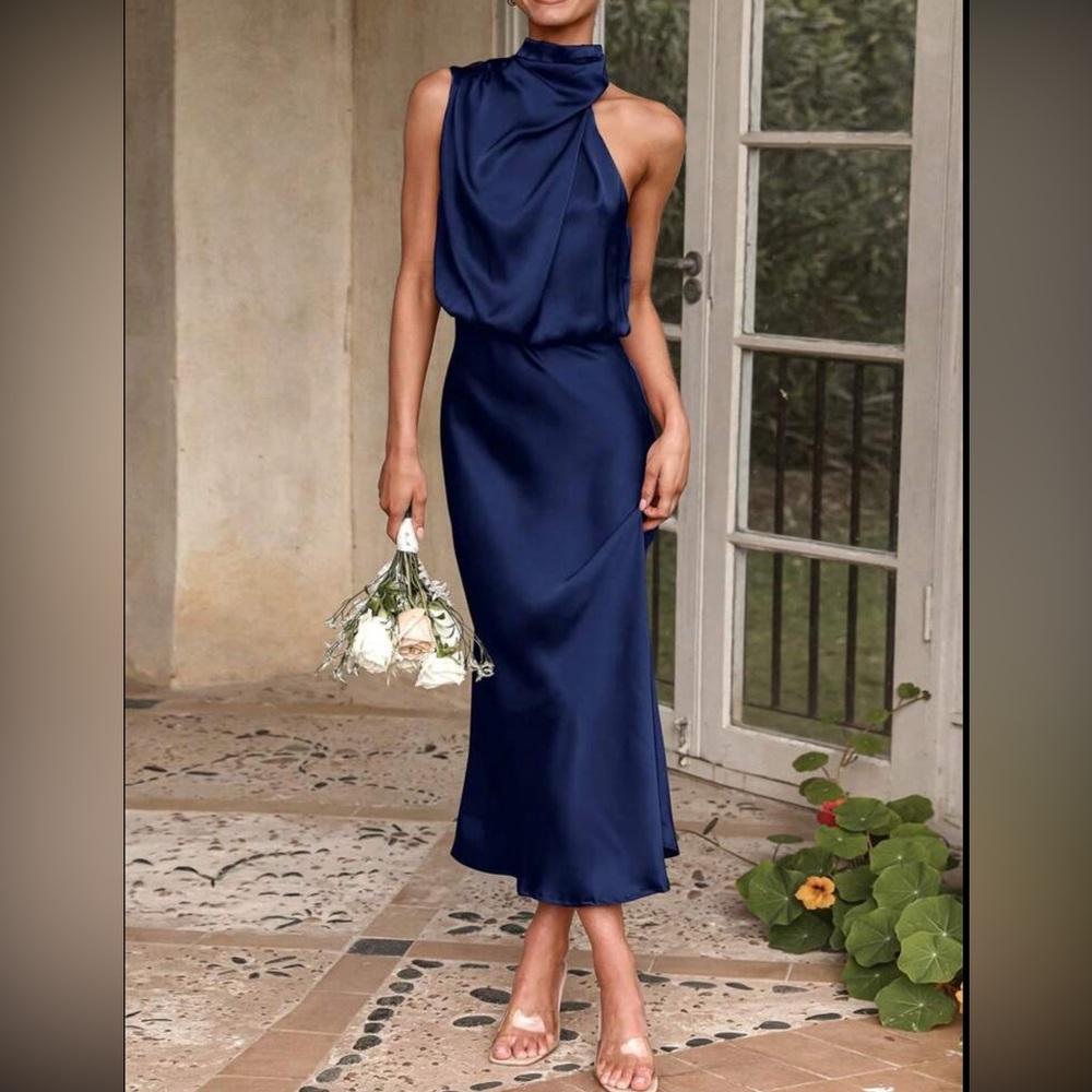 Elegant Navy Satin Slip Dress for Women